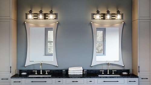 Image of Quoizel Lansdowne Modern Bath Vanity Lights, 24 Inch 3-Light Matte Black Lighting Fixtures Over Mirror, Clear Glass Shade, 100W, Decorative Wall Light for Bathroom, Dresser, Kitchen or Hallway
