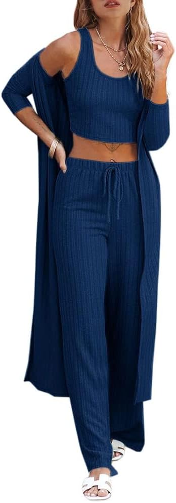 Fessceruna Womens 3 Piece Lounge Sets Pajamas Knit Long Sleeve Cardigan Crop Top Wide Leg Pants Loungewear Set A-navy XX-Large