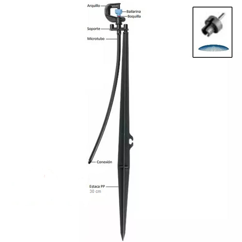 [Pack 50] Microaspersor de riego Completo + estaca. Microaspersor Bailarina Invertida Circular 360º para riego agricola y riego en jardinería. Micro aspersor con estaca 40 cm, Alcance 2 a 2,5m