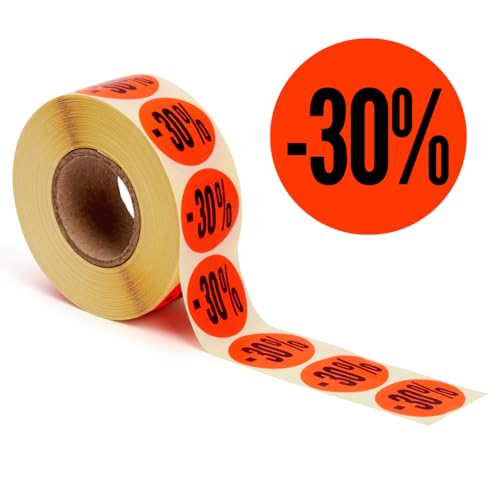 POKORNYS   Etiquetas promocionales « 30%» I Tarjetas para productos rebajados I Set de 1.000 autoadhesivos de descuento en rojo brillante I Pegatinas adhesivas permanentes, redondas con Ø 32mm