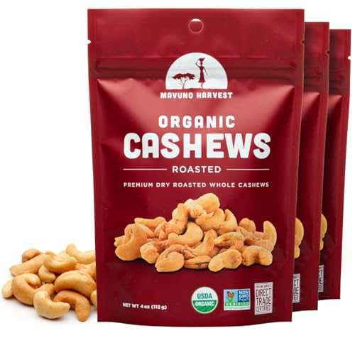 Mavuno Harvest Organic Roasted Cashews | Unsalted Whole Cashews | Dry Roasted Cashew Nuts | Vegan, Low Sodium, Non GMO Healthy Snacks for Kids &amp; Adults | Office Friendly Work Snack | 4 Ounce, 3 Pack