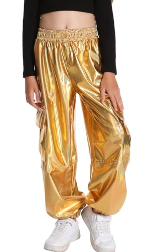 2025 Metallic Cargo Pants with Pocket for Girls Hip Hop Glitter Pants Y2k Dancing Shiny Pants Streetwear Back School