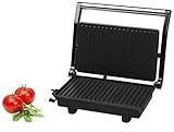 Panini Grill mit 1.200 Watt Leistung, Bakelit-Gehäuse, Edelstahl-Applikationen, Antihaft-Beschichtung, Betriebskontrollleuchte und Bereitschaftsanzeige.