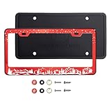 Red Chrome Laser Etched Mountain View Stars Wild Life T304 Stainless Steel License Plate Frame Holder with Silicone Back Guard, Metal Screw on caps (Qty: 1 Frame)