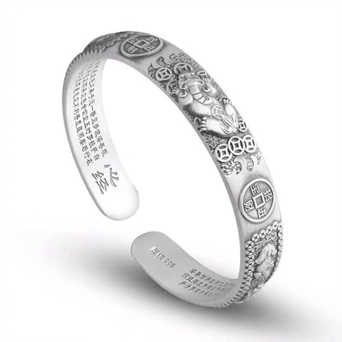 Feng Shui Lucky Lotus Heart Sutra Bracelet Cuff, Vintage 999 Sterling Silver Tibetan Buddhist Mantra Amulet Bangle, Hand Carved Adjustable Bracelets Wealth Good Luck