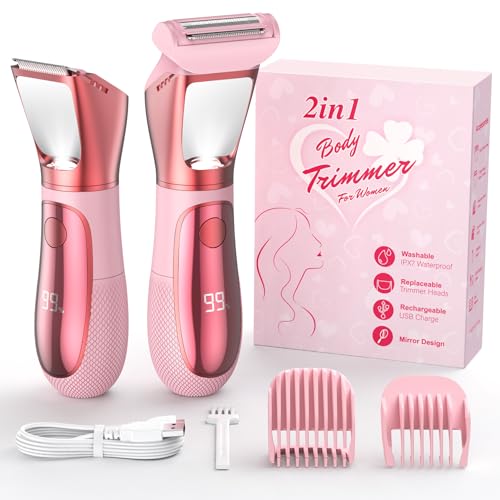 Image of Bikini Trimmer for Women, 2 in 1 Electric Razors Shaver, IPX7 Waterproof Body Hair Trimmer with Mirror, LED Light & Display, Painless Pubic Hair Removal, Pink
