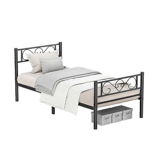 VASAGLE Marco de Cama, Estructura de Cama de Metal, para Colchón de 90 x 190 cm Invitados, Montaje Sencillo, para Habitaciones Pequeñas, Negro Tinta RMB061B01