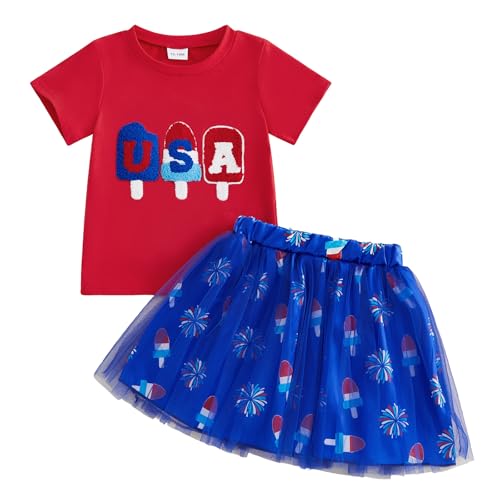 Image of Kayotuas Toddler Baby Girl 4th of July Outfit American Flag Shirt Red Blue Stars Tulle Tutu Skirts Kids Fourth of July Dress