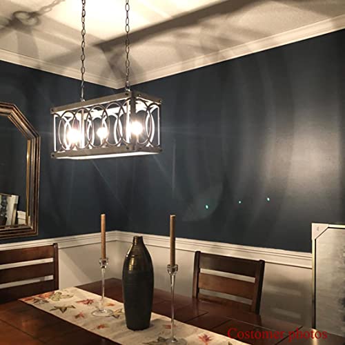 PHILOMENA Antique Wood Farmhouse Chandelier, 3-Light Rustic Bronze Cage Rectangular Dining Room Light Fixtures Over Table, Rectangle Linear Foyer Pendant Lamp Ceiling Hanging - Image 3