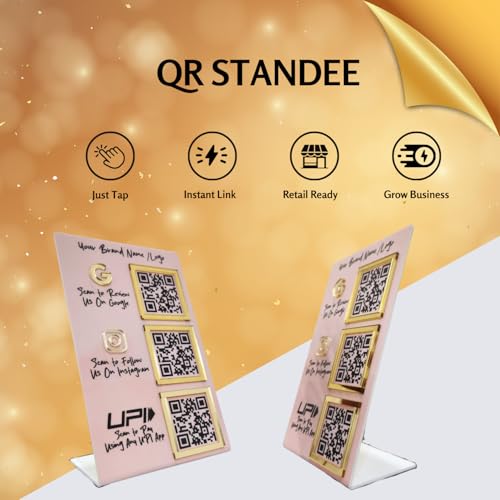Image of Custom Combo 3-in-1 Standee | QR Enabled | Connect Review, Instagram, UPI QR | 5x8 Inch Golden Premium With 3 QR