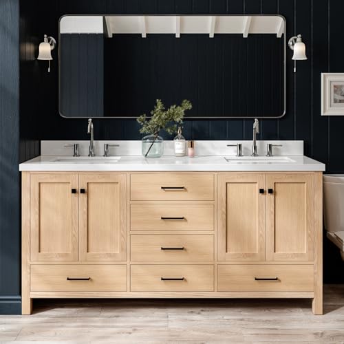 ARIEL Cambridge 72-inch Bathroom Vanity with Sink,Solid Wood, 1.5-inch Pure White Quartz Countertop, Double Rectangular Porcelain Sink, 4 Soft Closing Doors, 6 Dovetail Drawers, White Oak