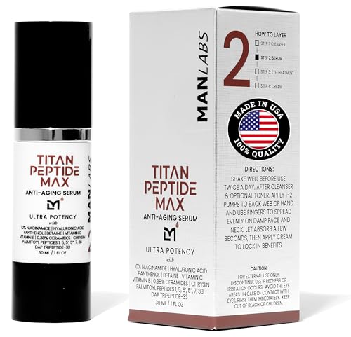 Titan MAX Anti-Aging Peptides Serum for Face – Ultra Potency Mens Peptide Serum Moisturizer – Mens Skin Care – Men, Dark Spots, Wrinkles, Fine Lines – Peptides, 10% Niacinamide, HA –Unscented