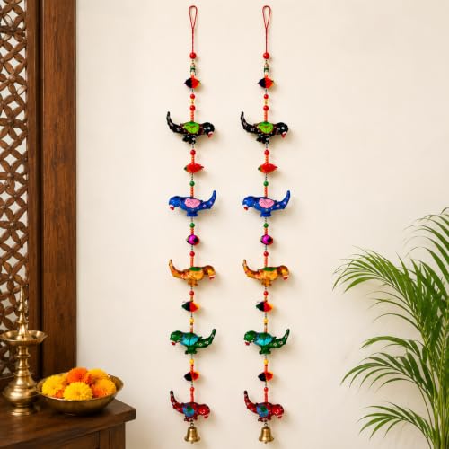 Image of Bindian Toran for Main Door, Decorative Door Thoranam Hanging, Diwali Decoration for Home Entrance, Wall Decor Hanging Ornament, Traditional Festive Welcome Decor for House, Pooja (Parrot Pack of 2)