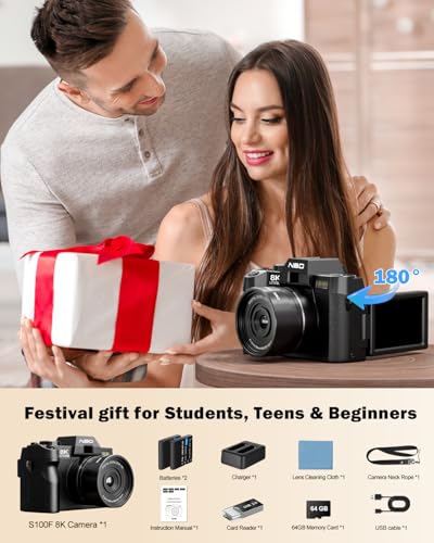Image of NBD 8K 64MP Digital Cameras for Photography with 16X Zoom,2026 Upgraded Autofocus Vlogging Camera with 180Flip Screen,Point and Shoot Digital Cameras with 2 Batteries,64GB Card,52mm Macro Lens(Black)