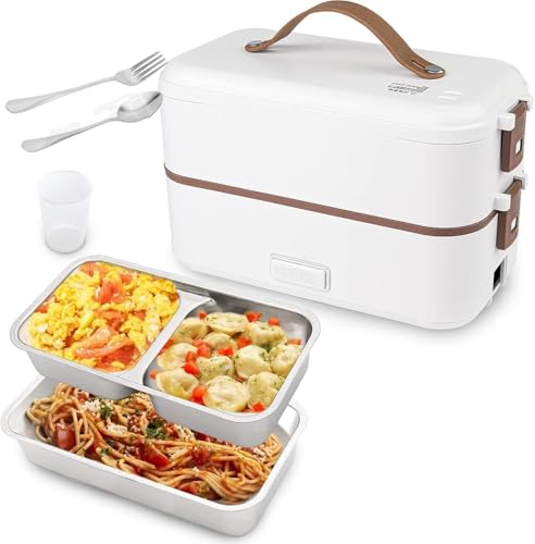 Beauenty Electric Lunch-Bento Box Container -304 Stainless Steel with Removable Compartments Heater For Adult Kids Lunch Warmer in Office/Home/Travel Rice Cooker 220v with Spoon (2 Layers WHITE)
