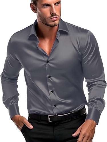 Image of IndoPrimo Men's Satin Shirt with Spread Collar Neck Line Solid Pattern Full Sleeves Regular Fit Western Style and Standard Length