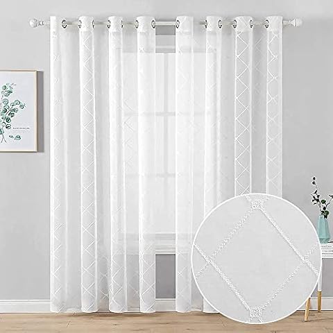 MIULEE Gardinen Wohnzimmer Modern mit Weiß Stickerei Rautenmuster, Transparent Vhänge mit Ösen Cover