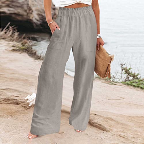 Womens Pants Elastic Waist Casual Summer High Waisted Linen Wide Leg Pant Loose Long Lounge Trousers with Pockets2