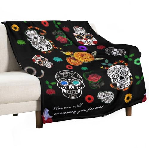 Prokelin Skull Leaves and Flowers Throws Blanket Women Gifts Soft Flannel Plush Lightweight Couch Sofa Bed 60