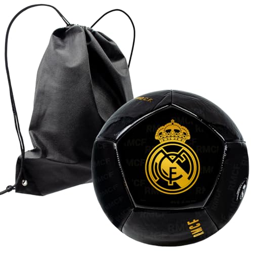 ms móvil shop Balón Real Madrid Escudo Dorado Color Negro Brillo Talla 5 Producto Oficial + Mochila Negra para Llevar a la Playa, Piscina, Campo.