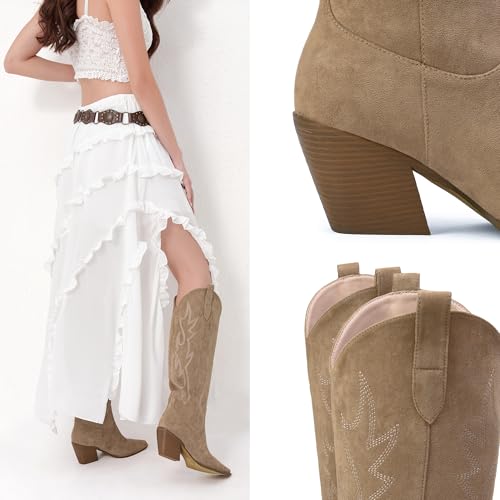 Image of iiimmu Cowgirl Boots Women Knee High Boots Pointed Toe and Block Heel Cowboy Suede and Faux Leather Boots with Embroidered