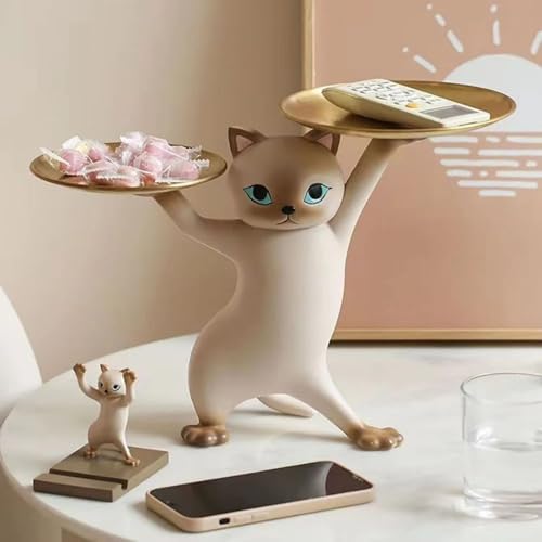 Figura decorativa moderna de gato de resina con bandeja dorada miniatura 3