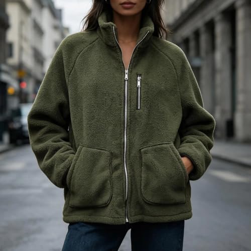 XOGWVJ Womens Full Zip Sherpa Fleece Jacket Stand Collar Warm Soft Coat Chest Zip Pocket Casual Fall Winter Outerwear 2026 Long Winter Coats for Women Plus Size Army Green S - image 2