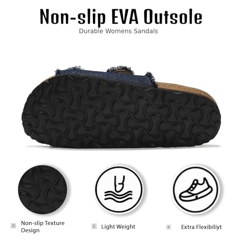 Women's Cork Sandals with Two Buckles Adjustable Straps, Arch Support Summer Fashion Denim Slippers, Comfortable Beach Flat Dressy Slip On4