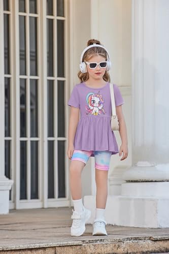 Image of Arshiner Girls Summer Outfits Short Sleeve Ruffle Hem Top and Biker Shorts Set Girl Clothes 4-15 Years