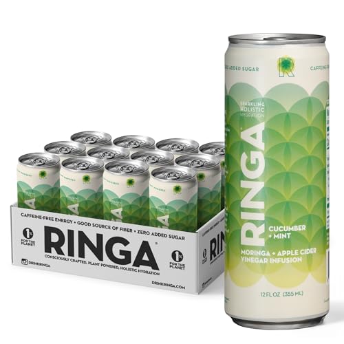 Image of RINGA Cucumber Mint Sparkling Hydration Drink - Organic Moringa + Apple Cider Vinegar with 3g Prebiotic Fiber - No Added Sugar, No Artificial or Natural Flavors - Gut Health & Clean Hydration - 12oz Cans (12 Pack)