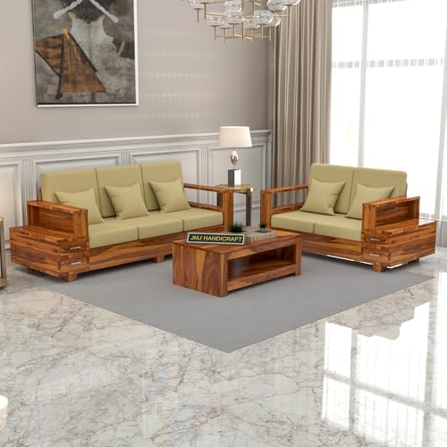 Image of Solid Sheesham Wood 5 Seater Sofa Set | Five Person Sofa Set with Storage | 3+2 Wooden Sofa Chair for Elegant Living Room Home Decor (Design 19)