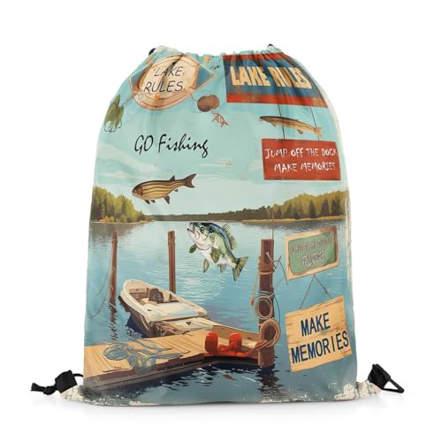 jejeloiu Lake Drawstring Backpack 13"x15.7" Lakeside Pike Fish Boat Gym String Bag Fishing Sports Sackpack Natural Scenery Waterproof Cinch Bag2