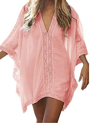 DNFC Strandkleid Damen Strandtunika Kurz Sommer Strand Kleider V-Ausschnitt Strandrock Lockeres Beach Kleid Schöne Spitze Strandkleider Bikini Cover Up für Urlaub (Pink, One Size)