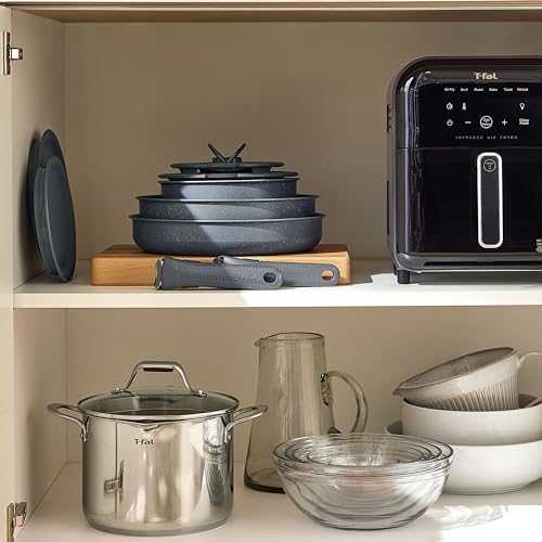 T-fal Ingenio Essentials Cookware Set with Detachable/Removable Handle 11 Piece, Granite Titanium Non Stick, Induction, Oven Broiler Safe 500F, Stackable, Pots and Pans Set, RV Camping, Fry Pans Gray - Image 2