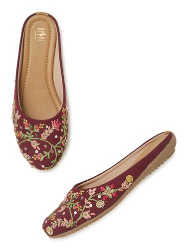 Image of OPIVE's Mehandi Women's Mojari Jutti Ethnic Punjabi Juttis Traditional Flat Embroidered Canvas Fancy Bellies Comfortable Sole for Womens & Girls