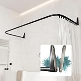Tringle de Rideau de Douche en Forme de U - Sans Perçage - 70x165x70 cm - Montage Mural, Barre de Douche d'angle - Aucun Support au Plafond - Revêtement Plastique sans PVC (Noir + Fixation Adhésive)