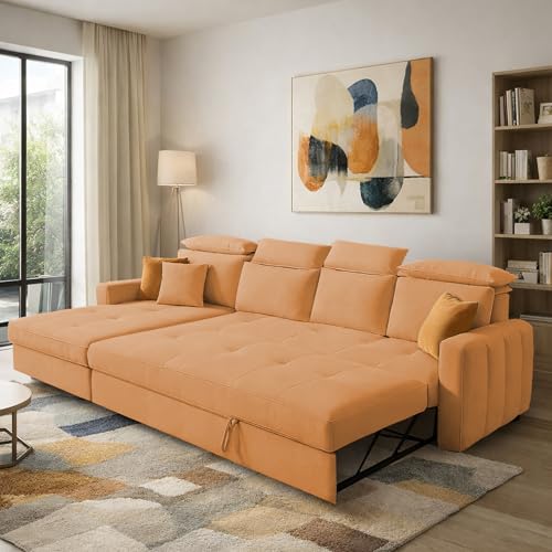 Image of Casaliving Gagnon LHS 6 Seater L Shape Corner Sofa Cum Bed for Living Room (Orange Fabric) Premium Fabric Sofa