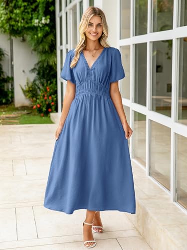 Image of Simplee Women's Summer Flowy Midi Dress Casual V Neck Short Sleeve Empire Waist Boho Beach Dress Wedding Guest Maxi Dress