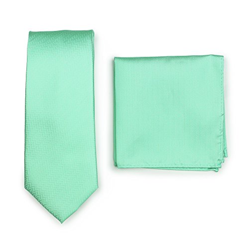 Bows-N-Ties Men's Solid Necktie and Pocket Square Set Matte Herringbone Finish (Mint)