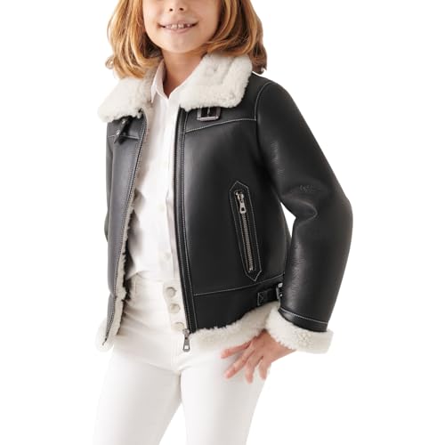 Trifoliate Girls B3 Sheepskin Black Leather Jacket – Winter Faux Fur Lined Bomber Outerwear sherpa Jackets For Kids2