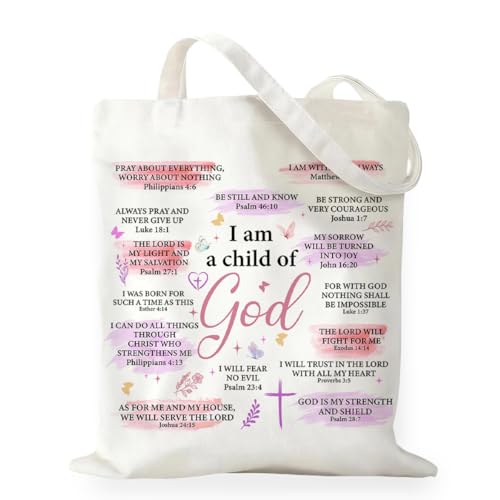 RNYJJ Baptism Gifts for Girl Women, I am A Child of God Canvas Tote Bag, Christening Communion Gifts for Granddaughter Christian Religious Inspirational