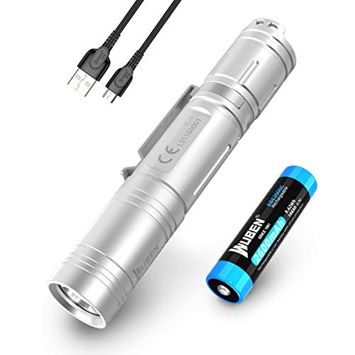 WUBEN 1200 Lumen Tactical Flashlight USB Rechargeable (18650 Battery Included) IP68 Waterproof Ultra Bright LED Flash light Torch 5 Lighting Modes for Outdoor Camping Hiking Cycling (Gentle Silver)