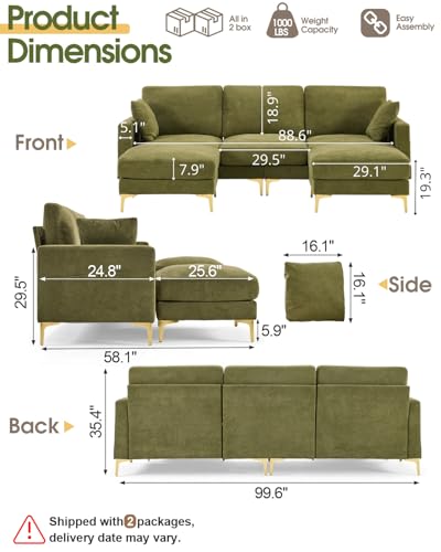 Image of Karl home 99.6 inch 3-Seat U-Shaped Sectional Sofa, Green | Chenille Upholstered, 2 Movable Ottomans, Cloud-Like Seat, 2 Throw Pillows, Comfy Deep Seat, Living Room, Apartment, Office