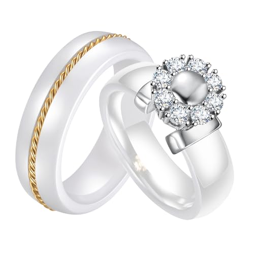 AMDXD Bague en céramique 6 mm, Corde torsadée Fleurs pour Femme & Homme Bagues de Mariage, Bagues de Couple, Bagues de Partenariat, Bague de Fiançailles,...