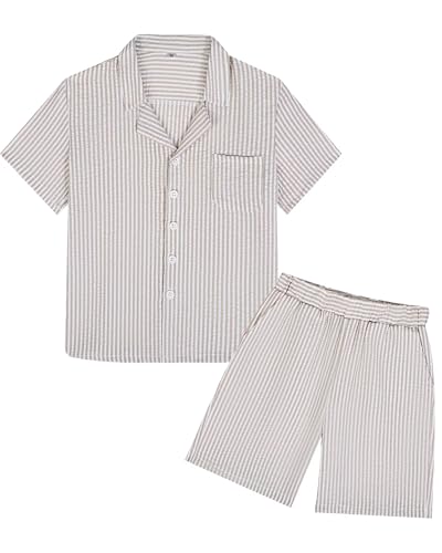 Image of Boys Summer Textured Outfit Beach Short Sleeve Button Down Shirts and Shorts 2 Piece Vacation Clothing Set for Kids