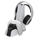 Estación de carga de control: el Dual Charge & HEADSET STAND 5 carga el controlador PS5 DualSense directamente y rápidamente a través del puerto Com. El indicador de estado de carga LED se ilumina en naranja cuando está vacío y azul con controladores y auriculares completamente cargados.