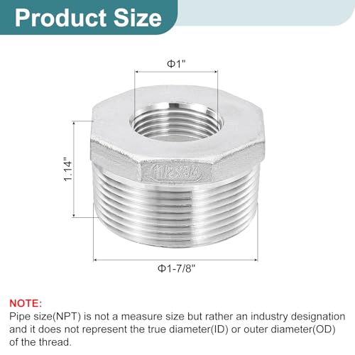 Image of uxcell 1Pcs 1-1 /2 inch Male to 3 /4 inch Female NPT 304 Stainless Steel Reducer Hex Bushing, Reducing Cast Pipe Adapter Fitting for industrial, oil /gas, water, HVAC, and plumbing systems