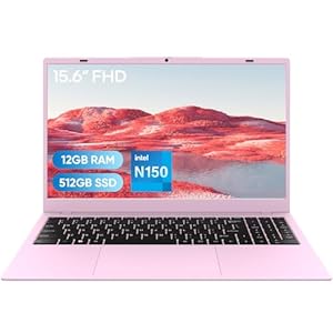 Computadora portátil para estudiantes FHD de 15.6″, DDR5 de 12 GB, SSD de 512 GB, N150 de cuatro núcleos (ritmo a i3-1115G4, hasta 3.6 GHz), WiFi 6, Bluetooth 5.2, rosa