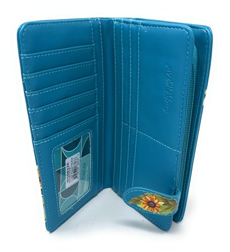 Shag Wear Garden Goat Wallet with Sunflowers for Women and Teen Girls Vegan Faux Leather Teal 7"4
