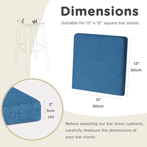 Image of AddGrace Anti-Slip Bar Stool Cushions Square Bar Stool Seat Cushions with Ties Set of 4 Small Square Chair Pads with Machine Washable Cover 12 inchX12 inchX2 inch (Blue)
